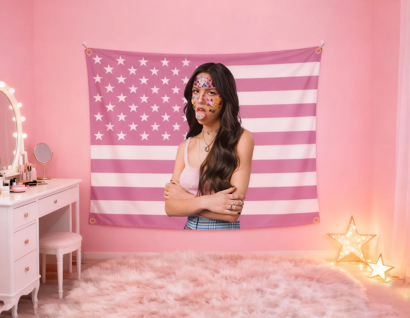 Tapiz de la bandera del cantante pop azeda de Olivia | Decoración estética hippie del hogar | Tela de fondo para dormitorio y dormitorio (impresión plana)