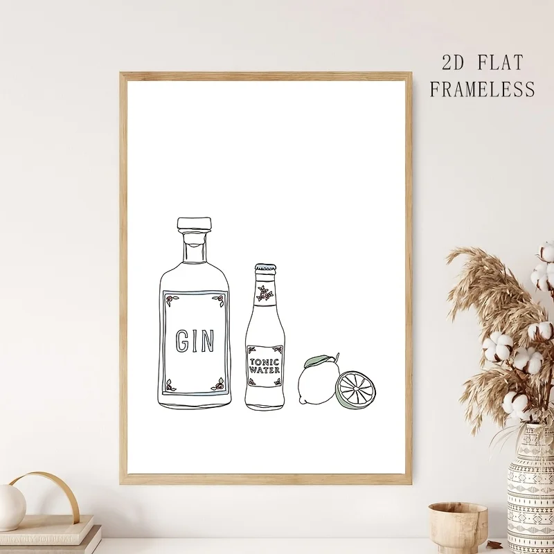 2D Flat, 2D Flat, 1pc, No Frame, Multi-Size, Canvas Painting; Gin Tonic Illustration Art Print: Black And White Layout; Fun W