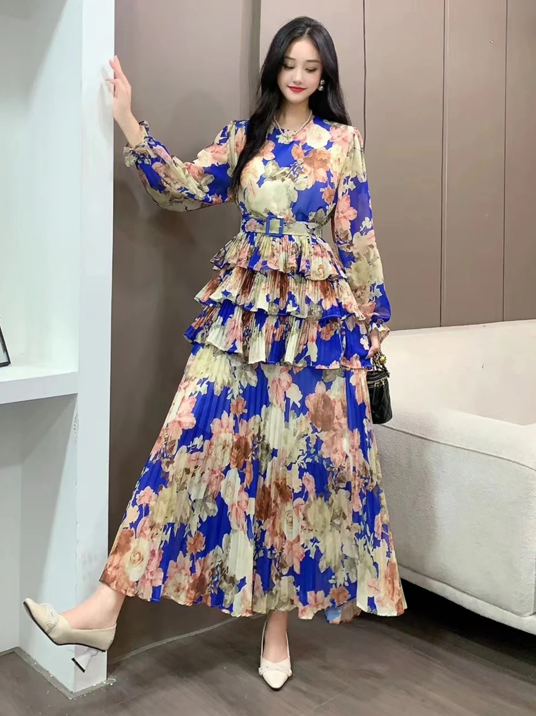 2024 New Spring Autumn Women Long Sleeve Belt Slim Long Dress High Quality Sweet Pleated Cake Big Hem Floral Dress 6 Colors