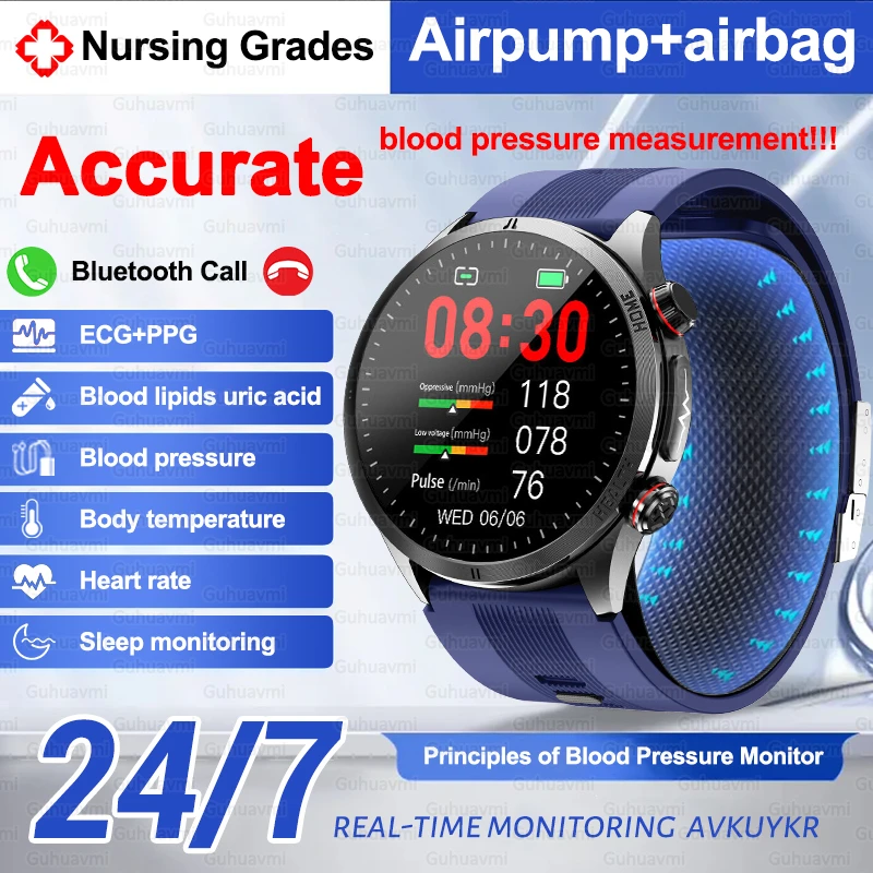 

2026 New Health Nursing Accurate Measure Blood Pressure Smart Watch With Air pump airbag Blood Lipids Uric Acid Smartwatches Men