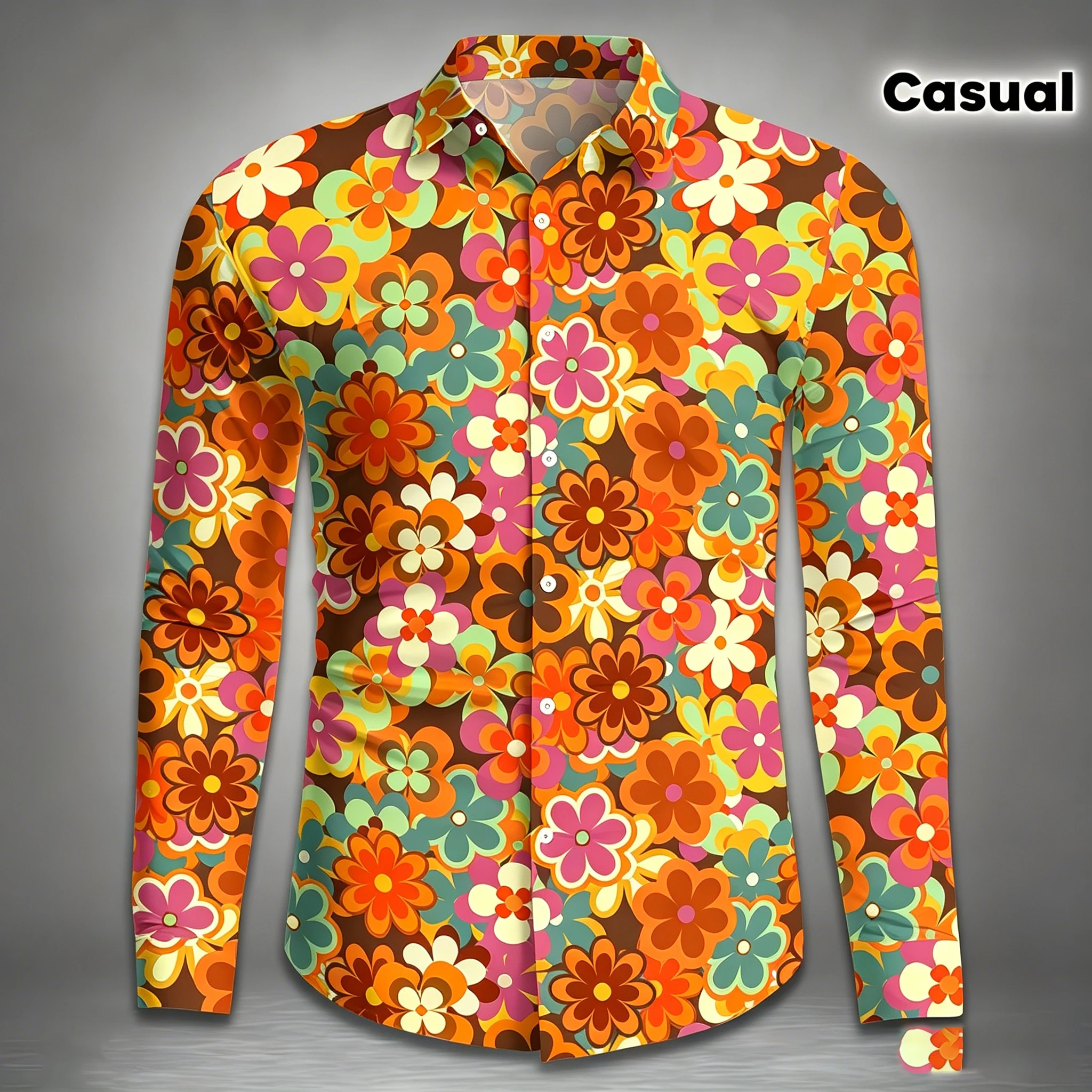 Men's collared slim-fit long-sleeved shirt, daisy drape shirt, plus-size retro European and American style casual cardigan top.