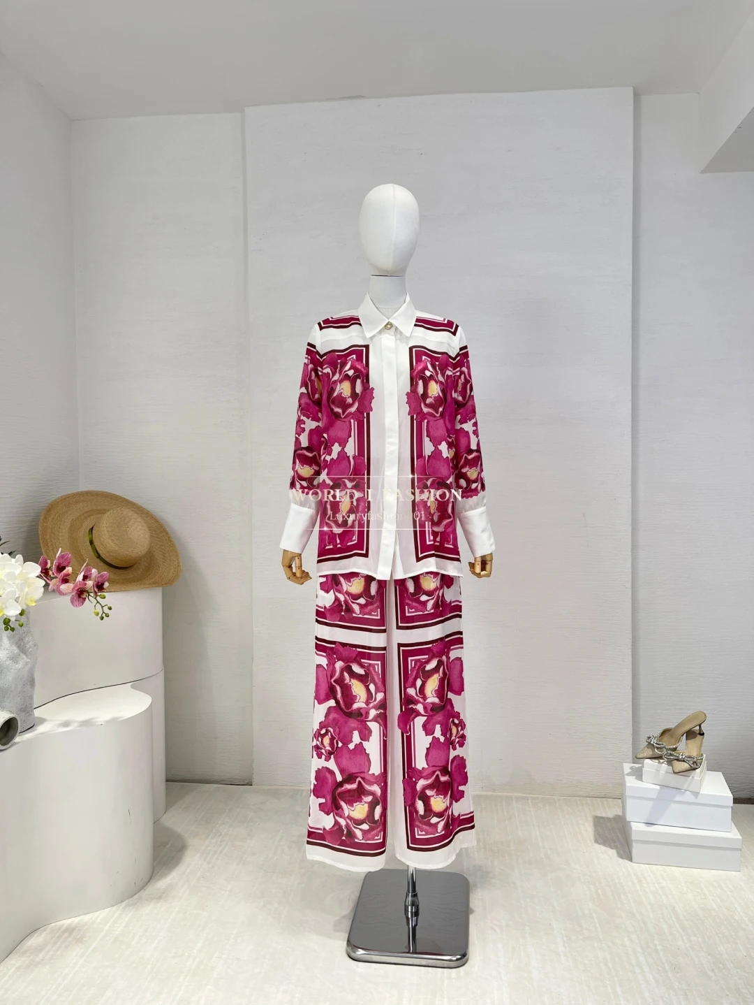 

High Quality Violet Floral Print Long Sleeve Blouse Tops and High Waist Pants Set