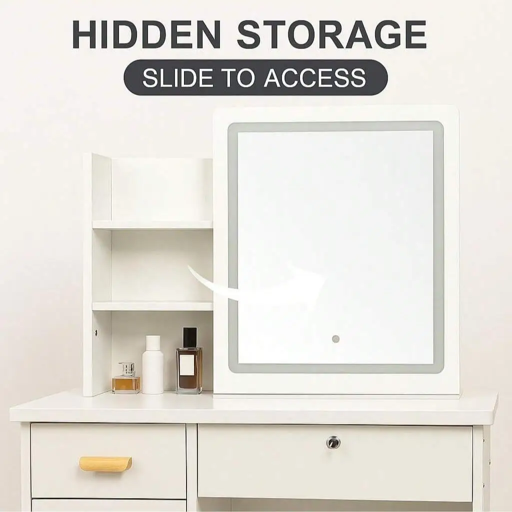 طقم طاولة زينة كبيرة مع مرآة LED، 5 أدراج وأرفف، مكتب خزانة ومقعد مبطن، سهل التركيب، تخزين مخفي،