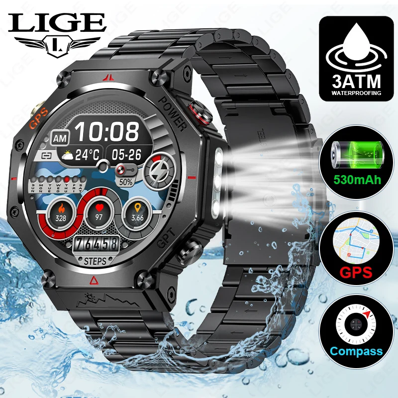 

LIGE Military Smart Watch Men Dual Band GNSS GPS 5ATM Waterproof Compass Professional Outdoor Sports SWIM Bracelet for Android
