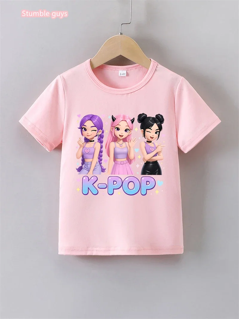 

Girls 2026 Summer Kpop T-Shirt Casual Anime Graphic Print Short Sleeve Soft Comfortable Anime Clothes Kids Tee Tops