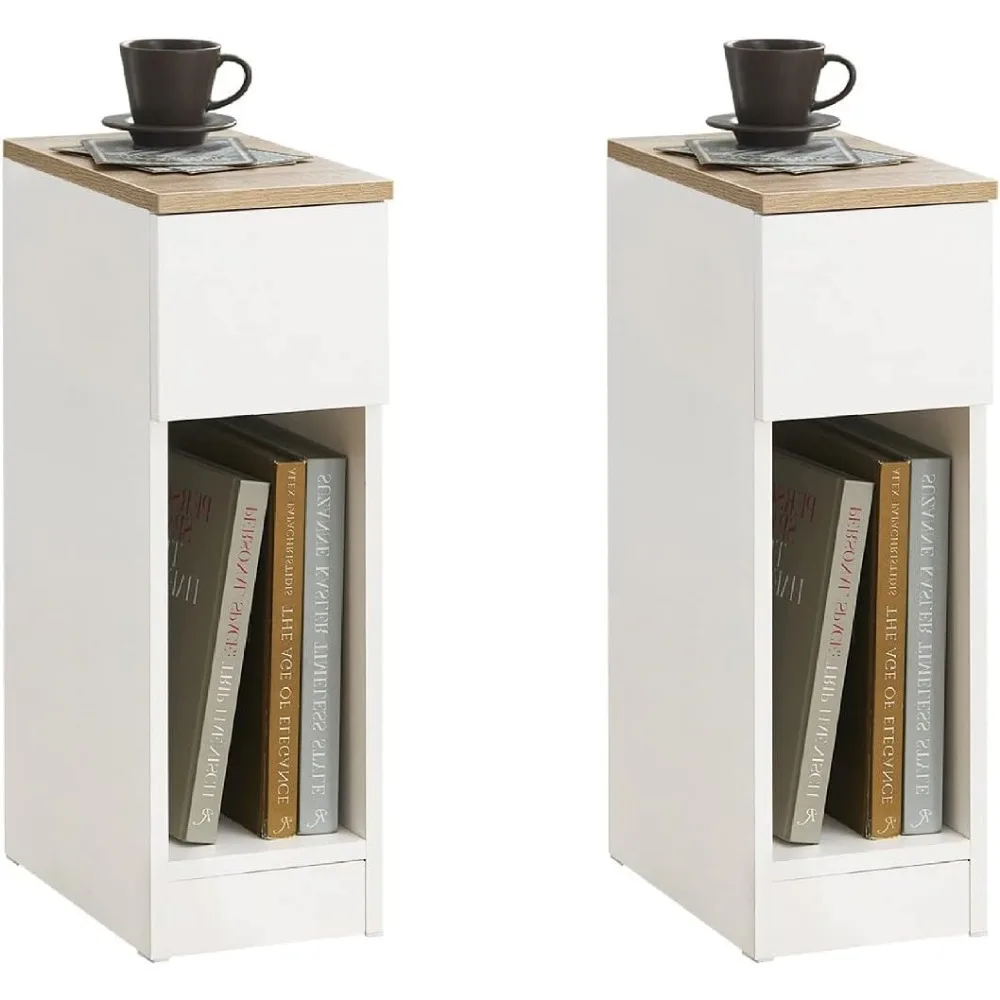 مجموعة 2 Mesita Noche Estrecha con cajón y Estante Mesa Auxiliar mesilla Noche para Dormitorio y Sala Estar Blanco Anc #1