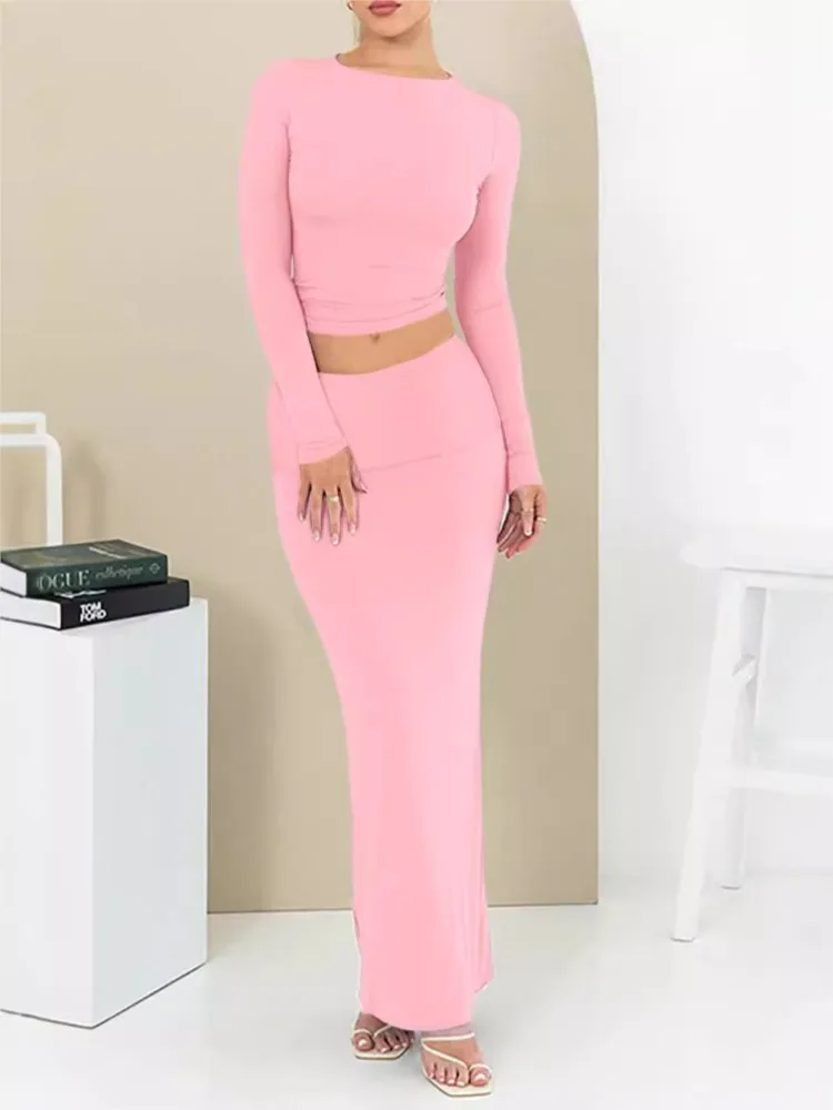 

Spring And Summer New Solid Color Comfortable And Sexy Slim Long Skirt Two-piece Set 2025 Fashionable Round Neck Shorts Top Set