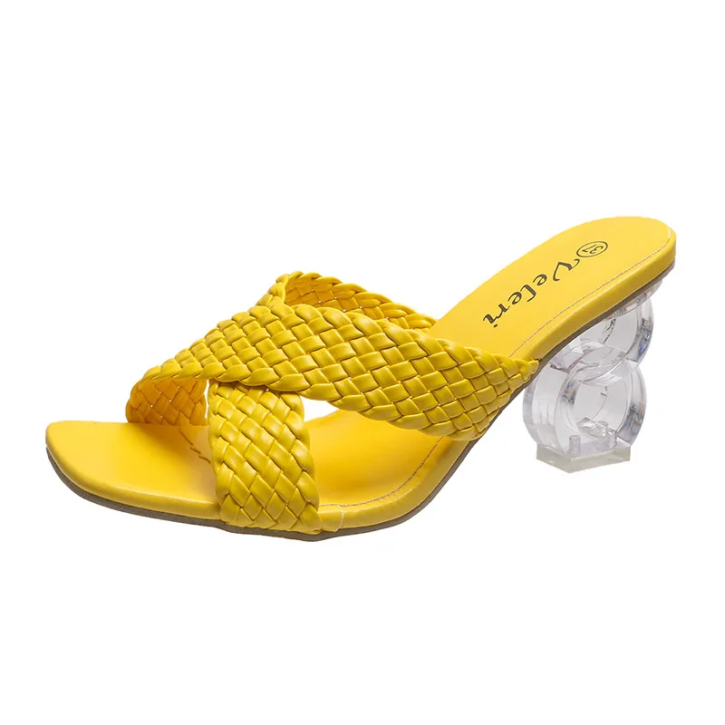 Women Transparent Fish Mouth High Heeled Sandals Summer New Woven Women Yellow Open Toe Heterosexual High Heeled Sandals