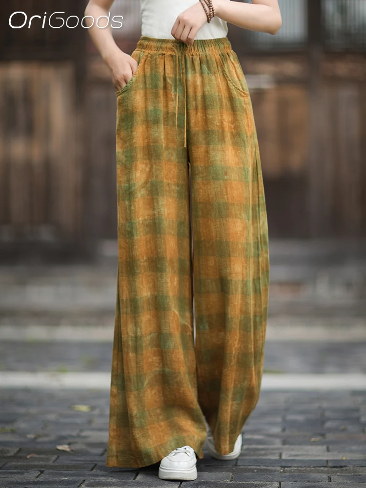

OriGoods Cotton Linen Plaid Print Wide Leg Pants Woman 2025 Autumn New Elastic Waist Checkered Pants Elegant Woman Girl B324