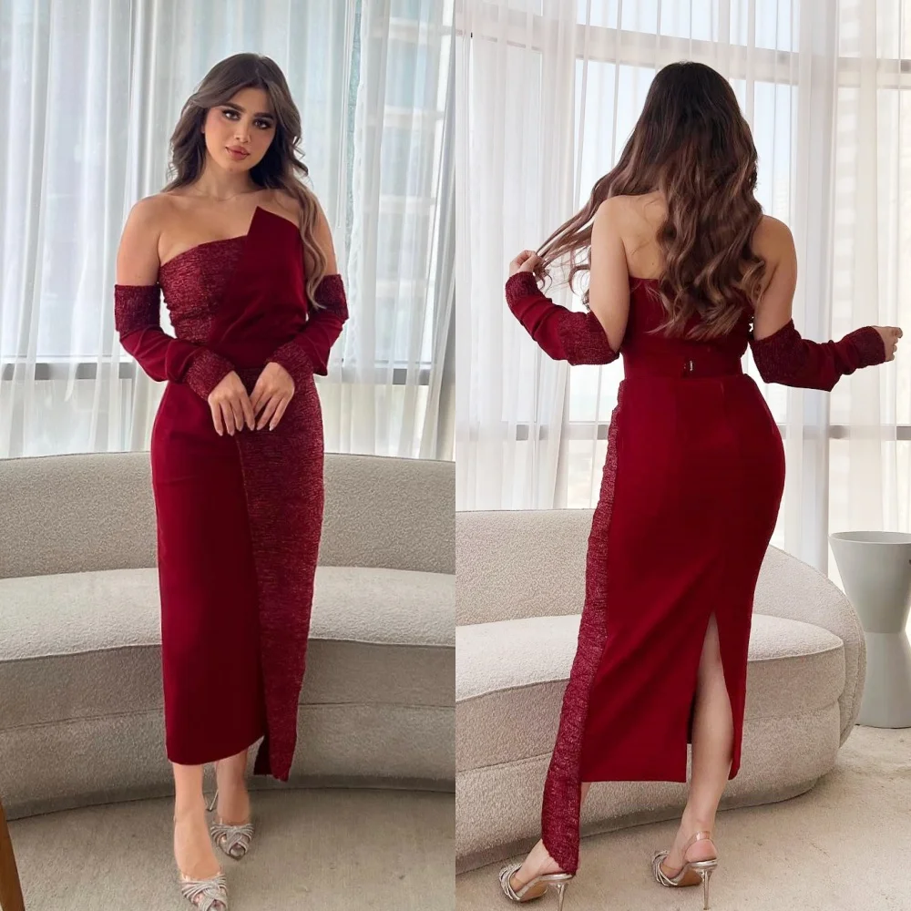 

Matching High Quality Jersey Pleat Sash Straight Strapless Midi Dresses Prom Dresses Classic Exquisite Modern Style Pastrol