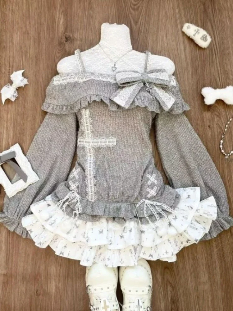 Y2k Two Pieces Set Aesthetic Off Shoulder Sweet Lace Cross Chic Bow Women Tops + Korean High Waist Butterfly Print Cake Skirts