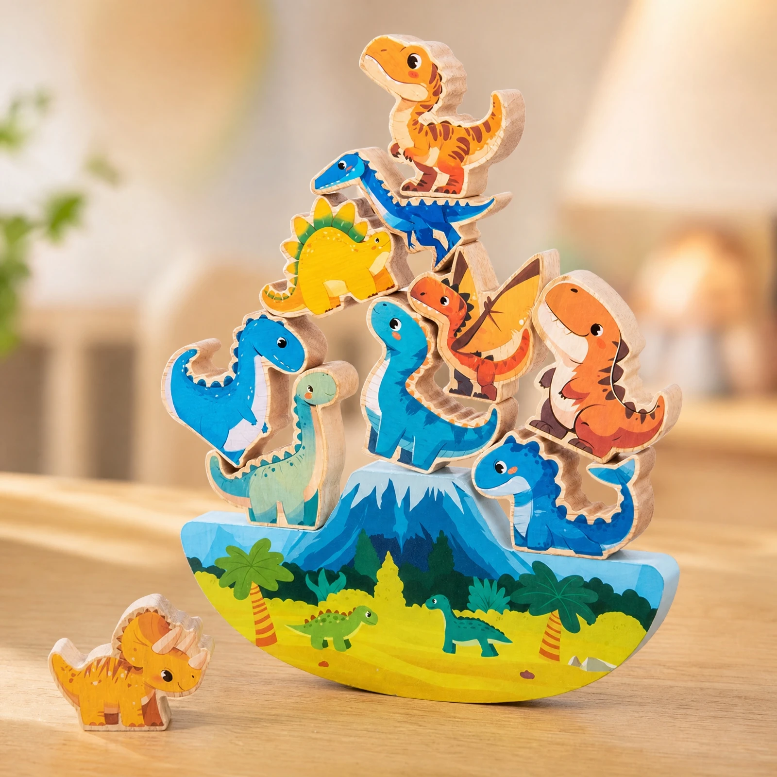 Dinosaur Balance-Block Toy Hands-on Wooden Dinosaur Balance Toy with Curved Base Screen-without Screens Sturdy for Preschoolers