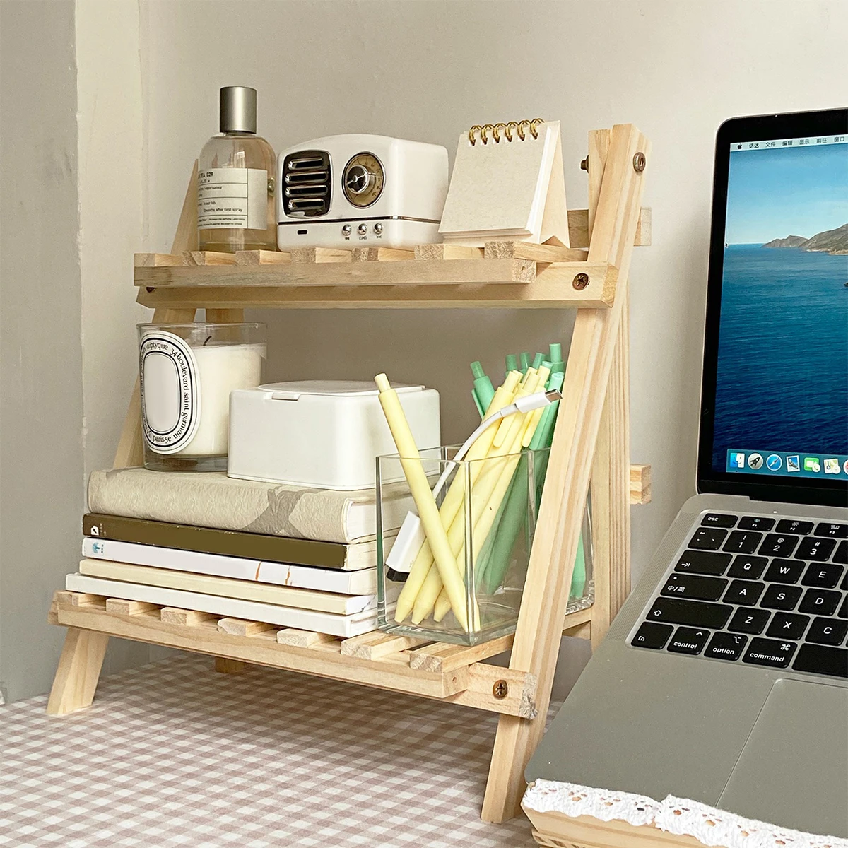 Wooden Desktop Storage Rack Heavy-Duty Multifunctional Double-Layer Desktop Storage Shelf Folding Desk Storage Organizer