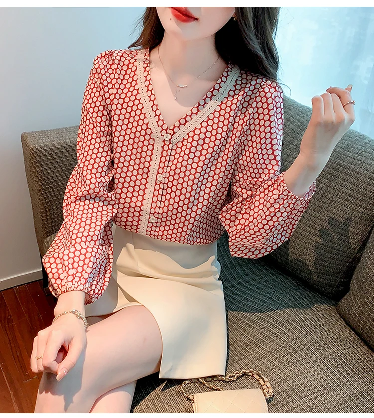 FANIECES camisas e blusas Summer Autumn New Red Plaid Print Shirt for Women Fashion Long Sleeve Chiffon Blouses Lady Casual Tops