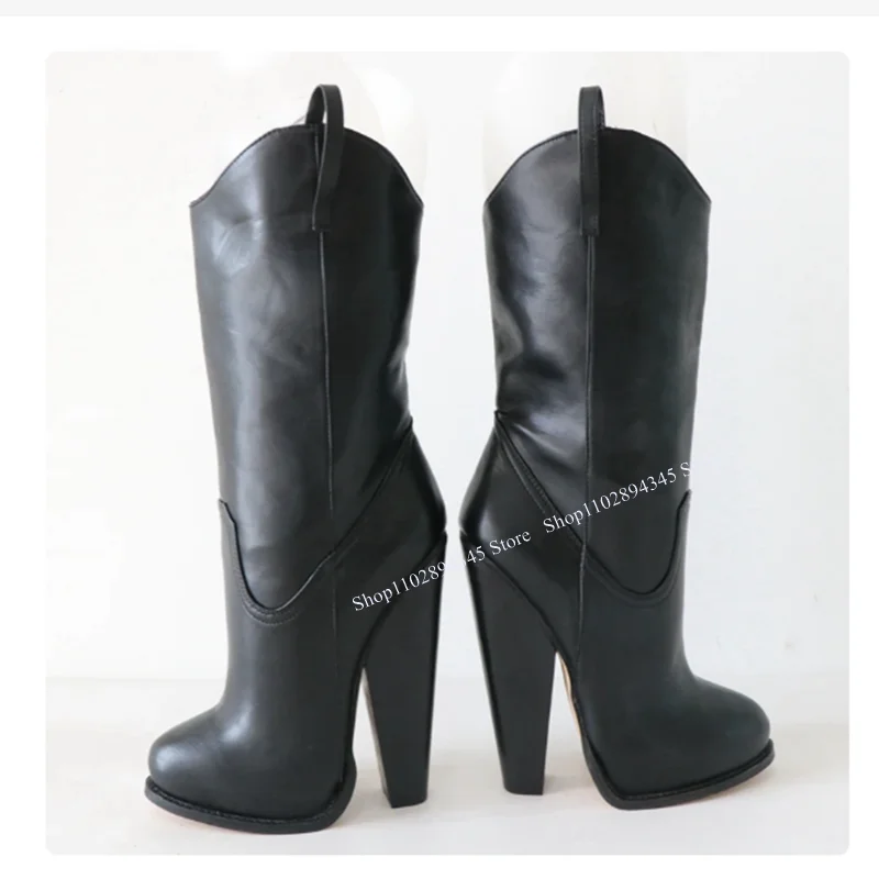 Black Matte Mid Calf Boots Cut Out Chunky Heel Pointed Toe Cool Sexy Fashionable Winter 2024 Woman Shoes Zapatillas Mujer
