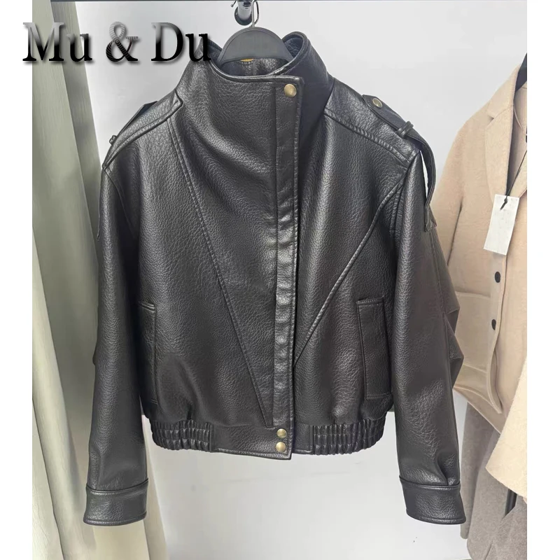 Mu&Du New Original Women's Faux Leather Black Jackets Cropped Oversize Outerwears Zip-Up Long Sleeve Bomber Coats Outdoor