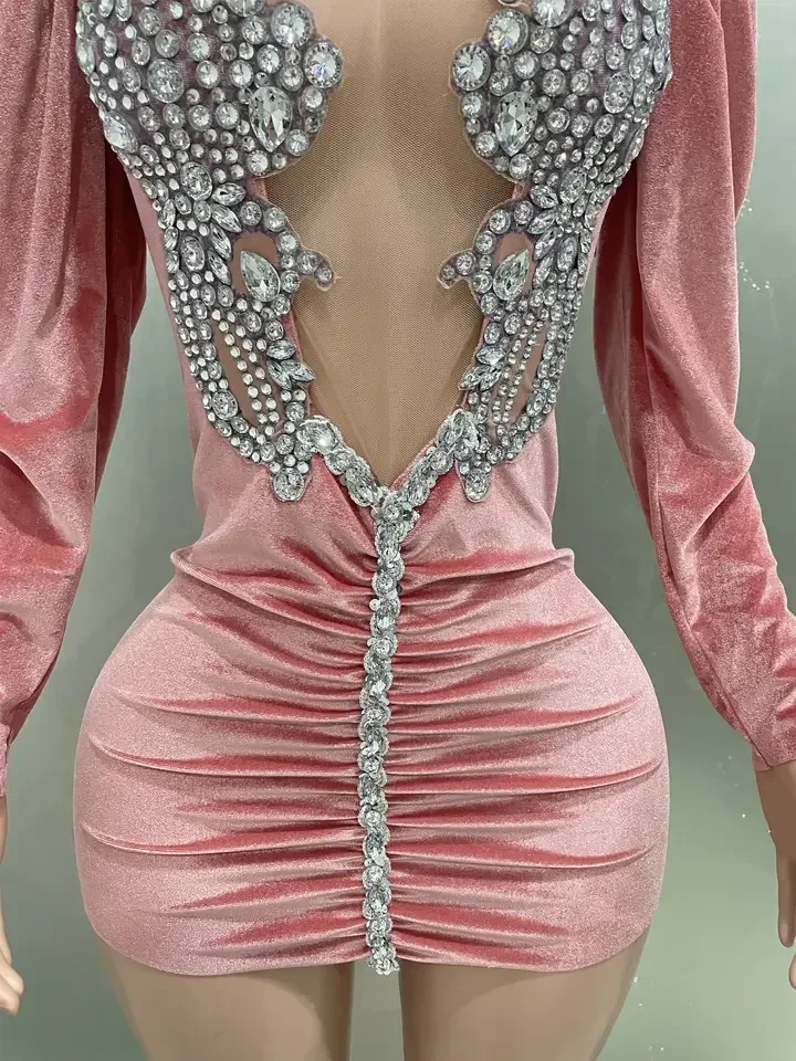 Короткое платье с блестящими стразами и длинным рукавом для женщин, сексуальное сетчатое бархатное вечернее платье для выпускного вечера, празднование дня рождения, одежда для фотосессии