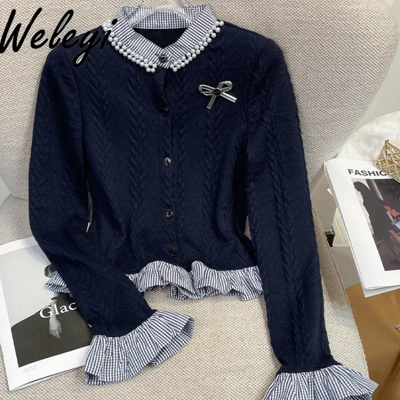 

Japanese Style Beaded Plaid Stitching Knitted Jumper Shirt Autumn High-end College Style Women's Long Sleeve Knitting Pull Top