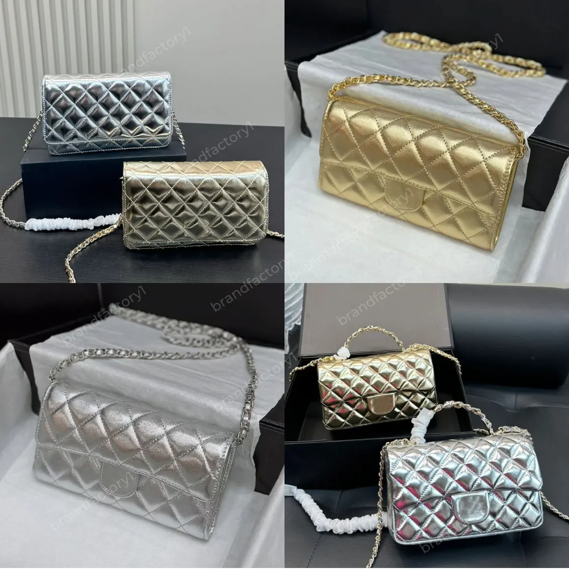 Designer diamond-shaped shoulder chain shiny gold bag silver clutch flap handbag sheep leather granular embossed flip cover card