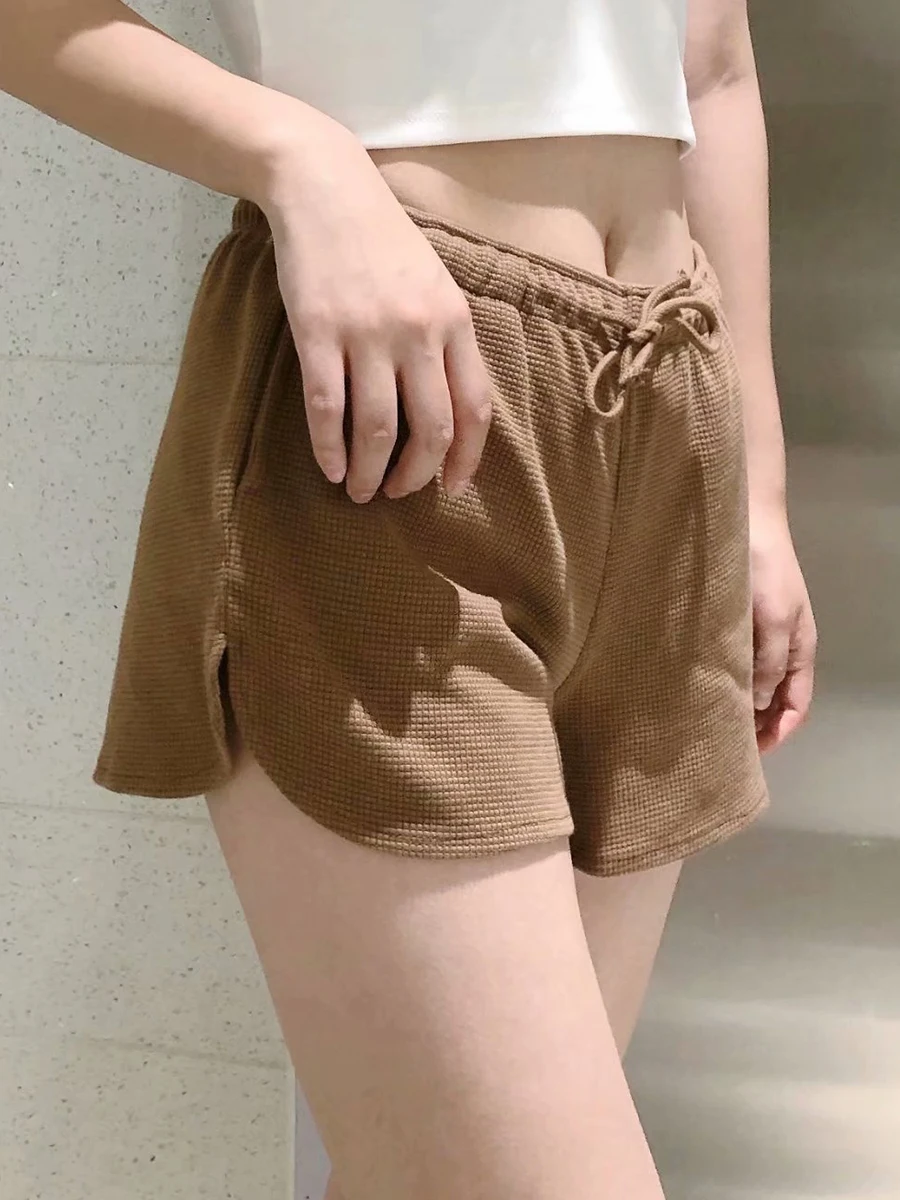 

Fashion Brown Waffle Loose Shorts Women Summer Retro Drawstring Elastic High Waist Sports Short Casual Vintage Chic Short Pants