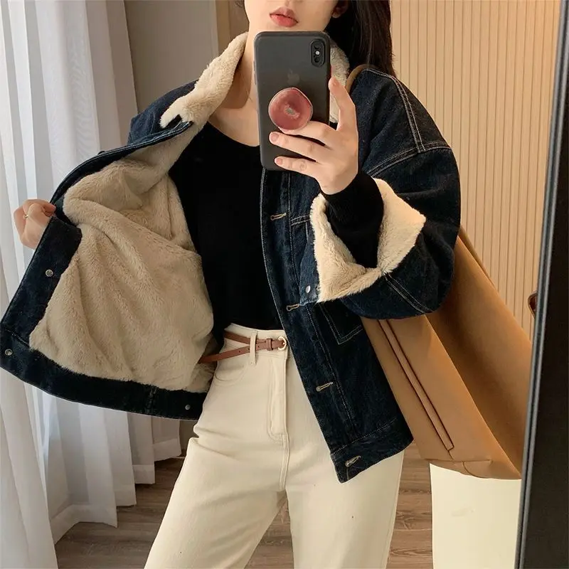 

Denim Coat With Real Sheep Lamp Winter Fur Plush Womens Fall Sculpted Tailoring Boho Style Modern Commuting Breathable Jackets