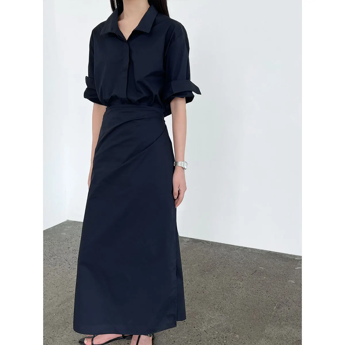 Korean Version Of The Design Sense Lace-up V-neck Waist Dress Women's Summer New Thin Shirt Long Skirt