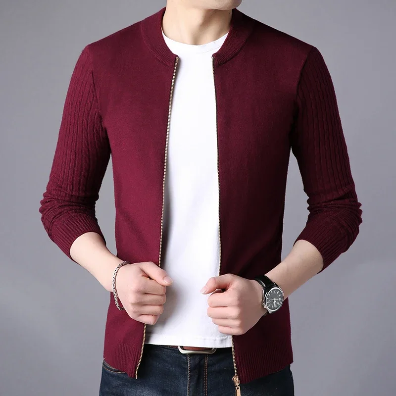 Korean Fashion Cardigan Sweater Men Solid Stand Collar Zipper Men\'s Sweater Slim Fit Cardigan for Man Plus Size 3XL