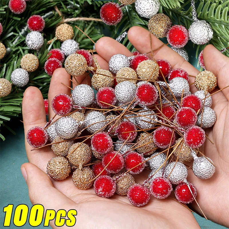 30/50Pcs Artificial Christmas Berries Mini Fake Plastic Berry Red Cherry Beads Stamen DIY Christmas Tree Wreath Crafts Decortion