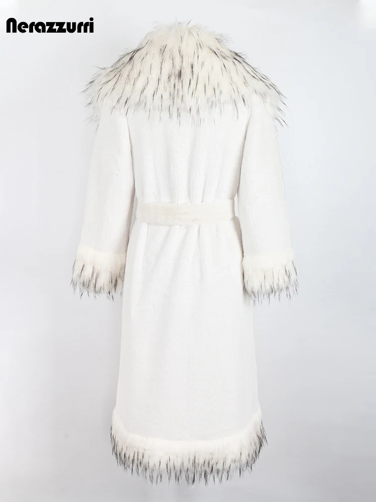 Nerazzurri Winter Long White Thick Warm Luxury Elegant Fluffy Faux Fur Coat Women with Fox Fur Trim Sashes European Fashion 2022