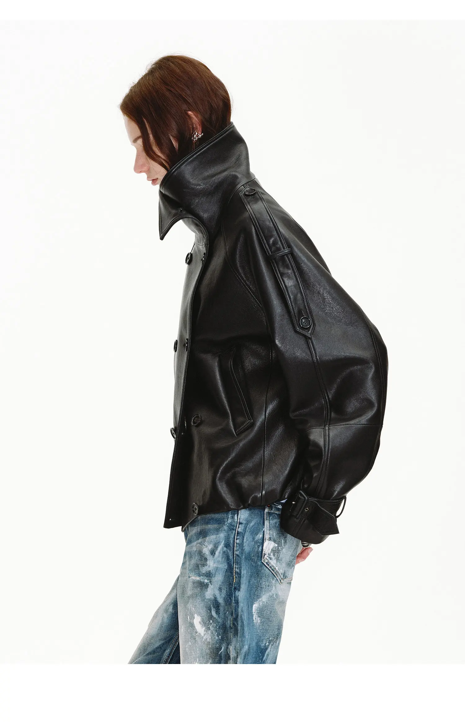 Lautaro Spring Autumn Cool Handsome Oversized Black Pu Leather Jackets for Women Double Breasted Luxury Designer Clothes Fashion