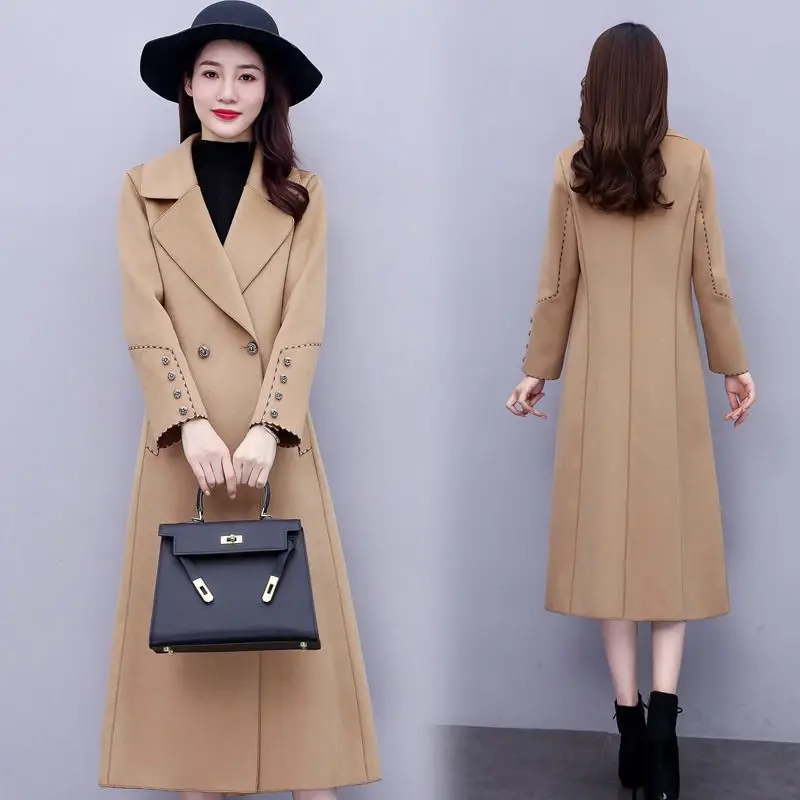 Women Double-sided Wool Coat Korean Chic Loose Over The Knee Tweed Autumn Winter Trench Coat Women's Clothing Big Size