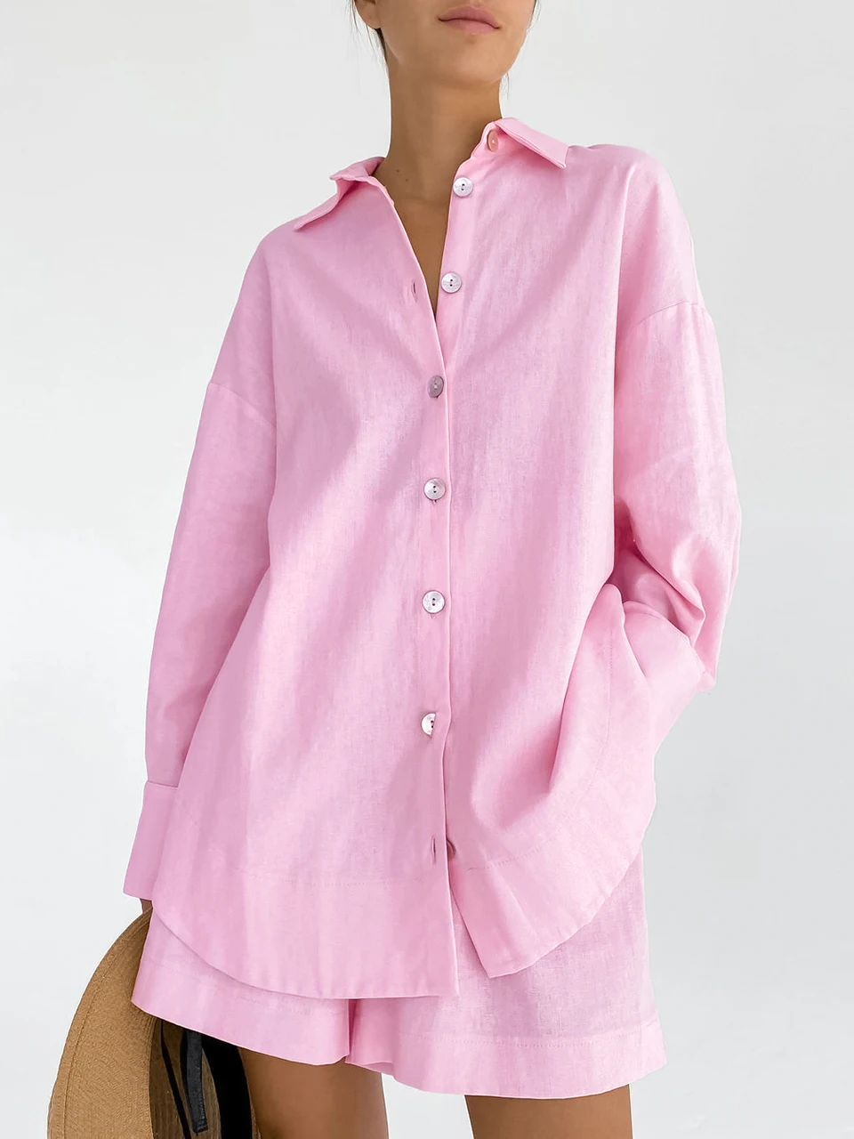 Linad Losse Vrouwen Thuis Kleding 2 Stuk Sets Roze Lange Mouw Nachtkleding Vrouwelijke Casual Suits Met Shorts 2023 Lente effen