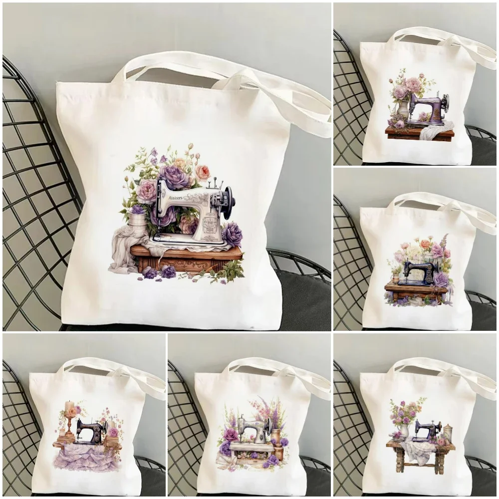 Retro Sewing Machine and Floral Design Canvas Tote Fashionable and Practical Bag for Daily Commuting Shopping and Study