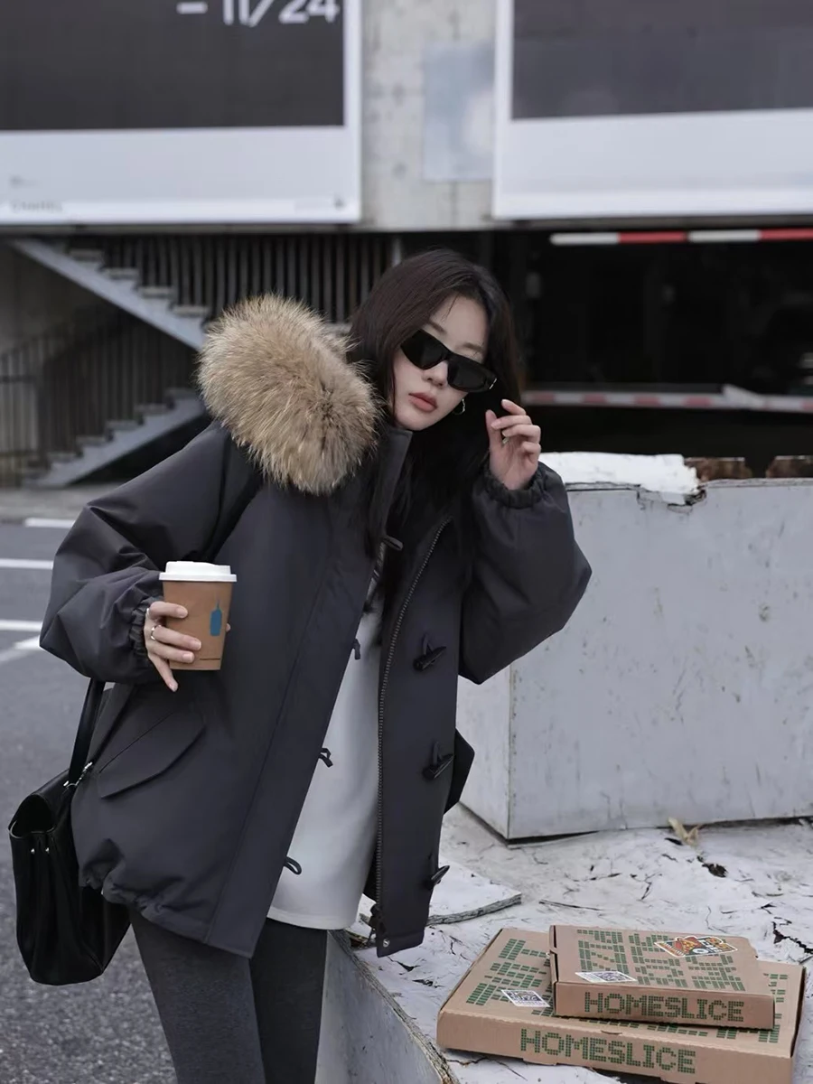 

IBELL ZHANG Design White Du down Parka Coat with Horn Buttons Windproof Color Blo Hooded Jaet Thiened Korean Sle