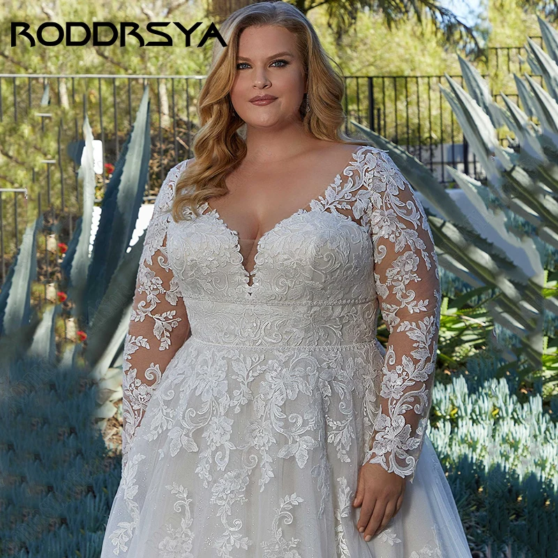 RODDRSYA Elegant Wedding Dresses For Woman Plus Size Long Sleeves Applique Bride Gowns A-Line V-Neck Tulle vestidos de novia