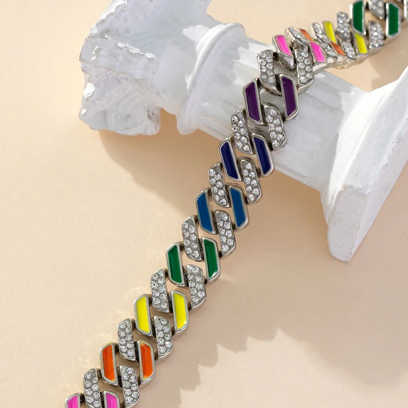 Fashion Men Women Hip Hop Necklace 12mm Rainbow Colors Miami Rhinestone Cuban Link Chain Necklaces Hiphop Jewelry Gift