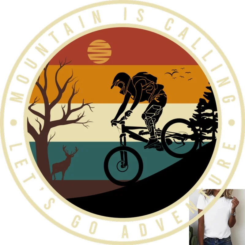 Retro Outdoor Mountain Biking Heat Transfer White Ink Iron - on Design, Suitable for T - shirts/Canvas Bags, Trendy Adventure -