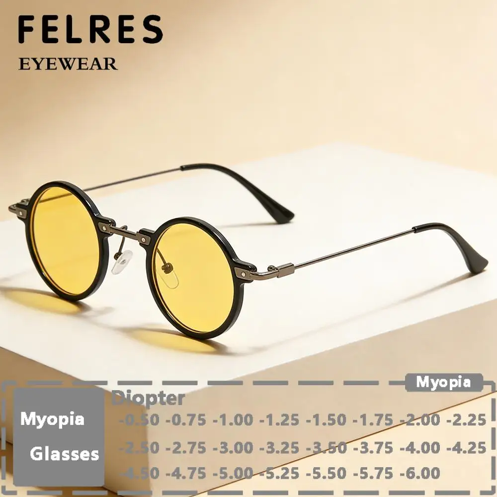 Small Frame Round Myopia Sunglasses Men Women Hip Hop Personality Yellow Nearsighted Prescription Glasses Outdoor Shade Eyewear