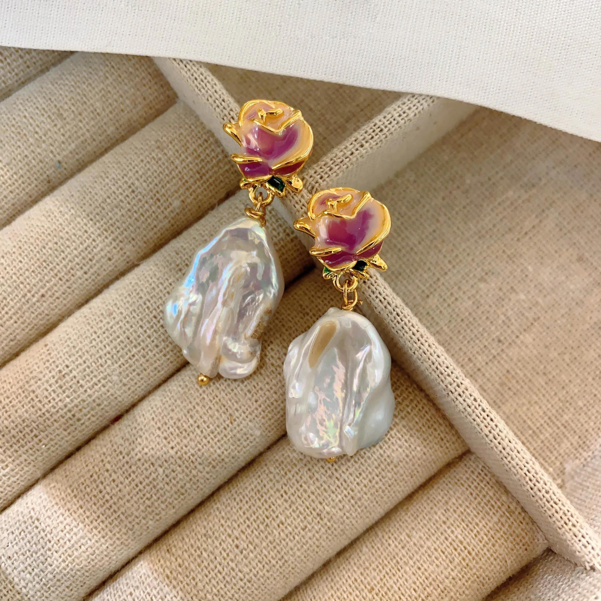 

French vintage baroque freshwater pearl irregular design stud earrings rose flower romance earrings