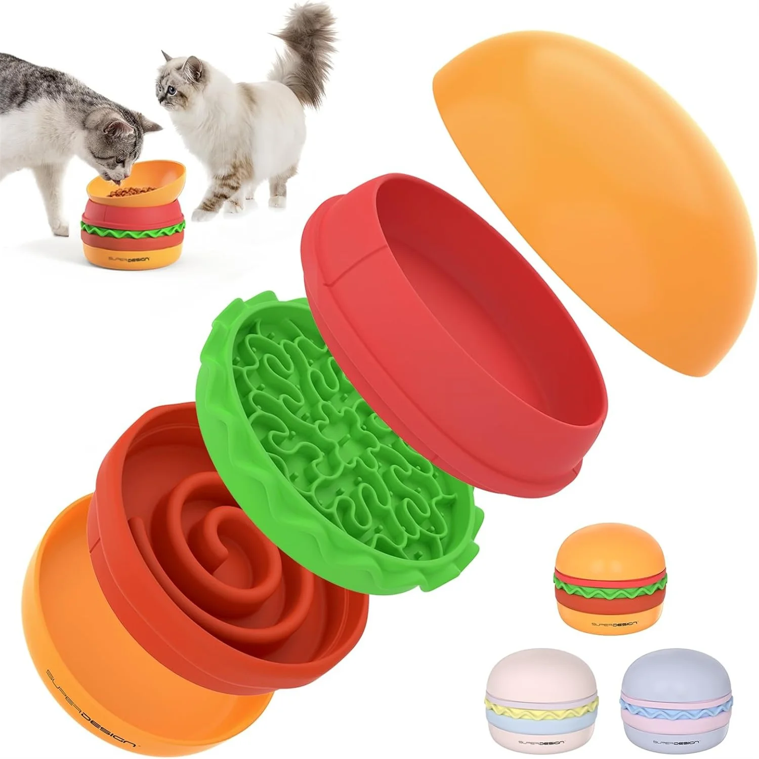 5-in-1 Cat Bowls Set, 6.1 inch Cute Colorful Hamburger-Shaped Cat Dog Food Bowl Stackable for Easy Storage and Travel