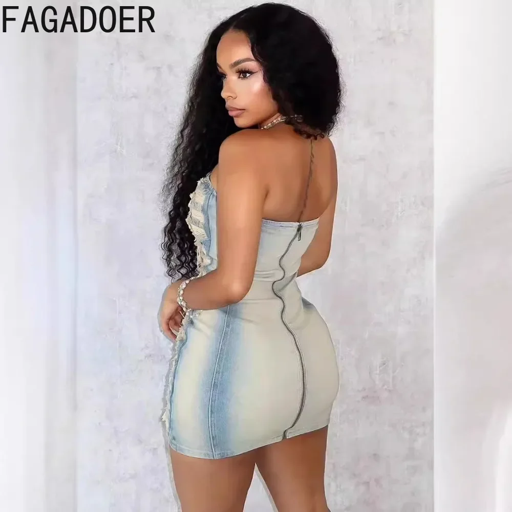 FAGADOER-Mini vestido de tubo de mezclilla ahuecado para mujer, ropa de moda, sin mangas, Espalda descubierta, vaquero lavado, azul, Sexy