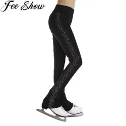 Kids Girls Sparkly Rhinestones Figure Skating Pants High Waist Elastic Waistband Training Leggings for Dance Stage Performance