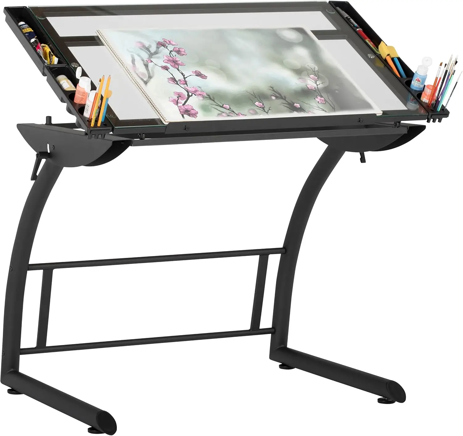 TriDrawing Table, Sit to Stand Up Adjustable Office Home Computer Desk, 35.25' W X 23.5' D, Charcoal Black/Clear Glass