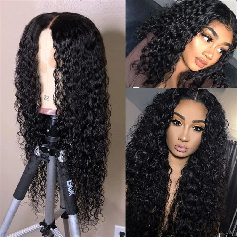 13X4 Transparent Lace Front Synthetic Wig For Black Women Natural Black Color Jerry Curly Prepluck Bleached Knots Cosplay Daily