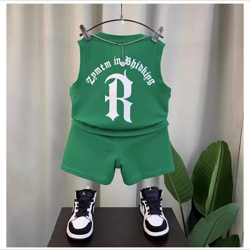 Boys Casual Set Summer Kids Trends Letter Suit Sleeveless Costume Children T-Shirt+Shorts Two Pieces 2024 New O-Neck Outfits