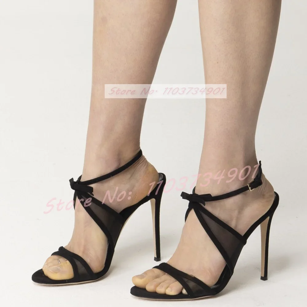 Mesh Bow-Tied Slingback Stiletto Sandals Women Elegant Black Suede Buckle Open Toe High Heels Shoes Feminine Party Sex Sandals