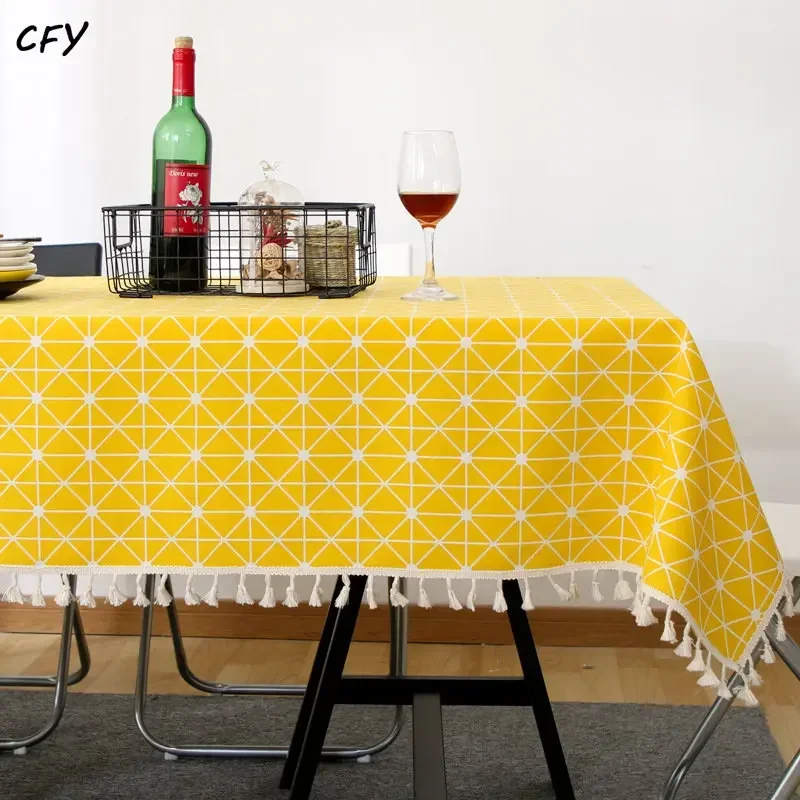 

Nordic Cotton Linen Yellow Plaid Striped Printing Rectangular and Round Tablecloth Pendant Tea Table Pad Meal Cloth