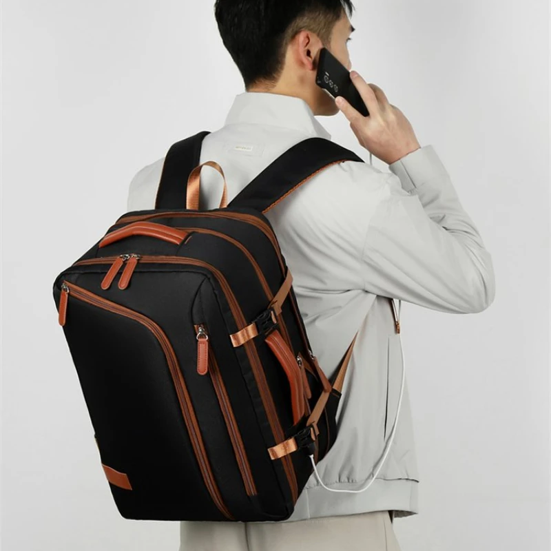 New Nylon Square Backpack Unisex Color Block USB Charging Port Foldable Laptop Daypack Business Commuter Bag for Travel School
