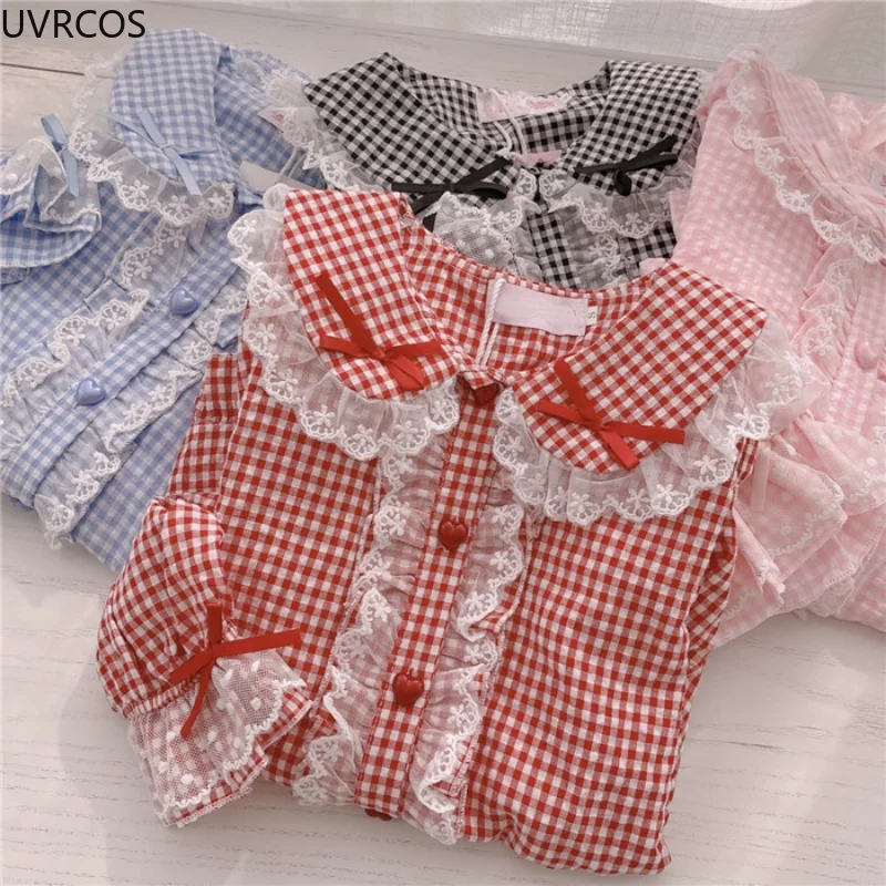 Women Preppy Style Sweet Lolita Blouses Cute Bow Lace Ruffles Plaid Shirt Gothic Girly Kawaii Long Sleeve Harajuku Blusas Mujer