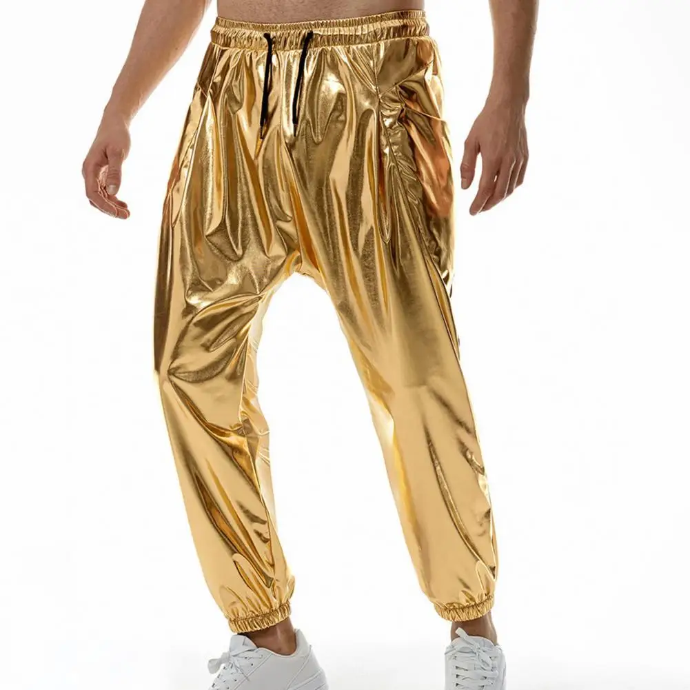 Men Sweatpants Jogging Pants Glossy Surface Hot Stamping Elastic Waist Drawstring Pants Casual Harem Pants (European Size)